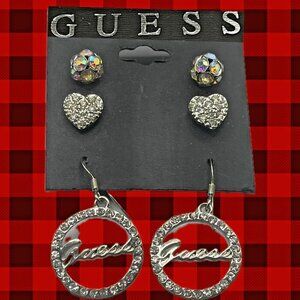 Guess Pave Logo Circle Drop -Pave Heart Cluster Ball Pave Stud Earrings-3 Pc Set